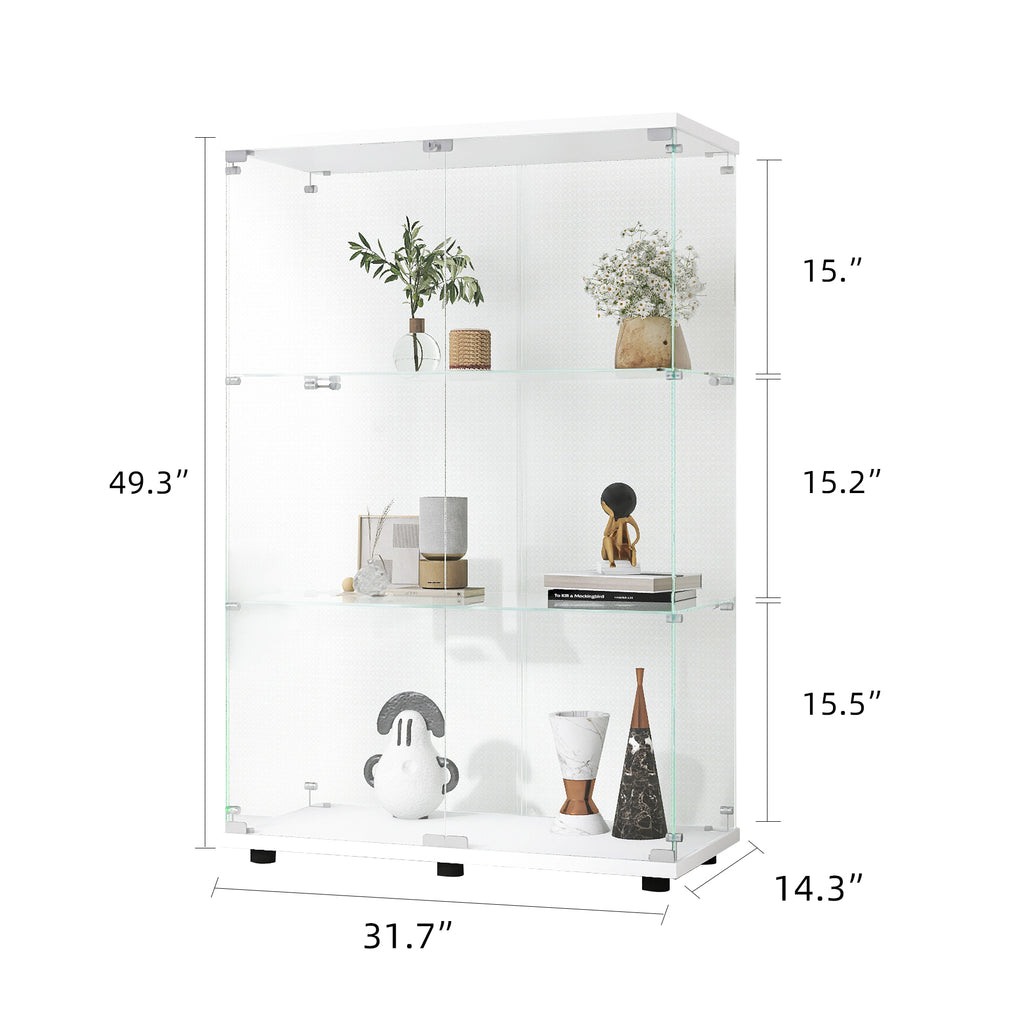Two-door Glass Display Cabinet 3 Shelves with Door, Floor Standing Curio Bookshelf for Living Room Bedroom Office, 49.3'*31.7