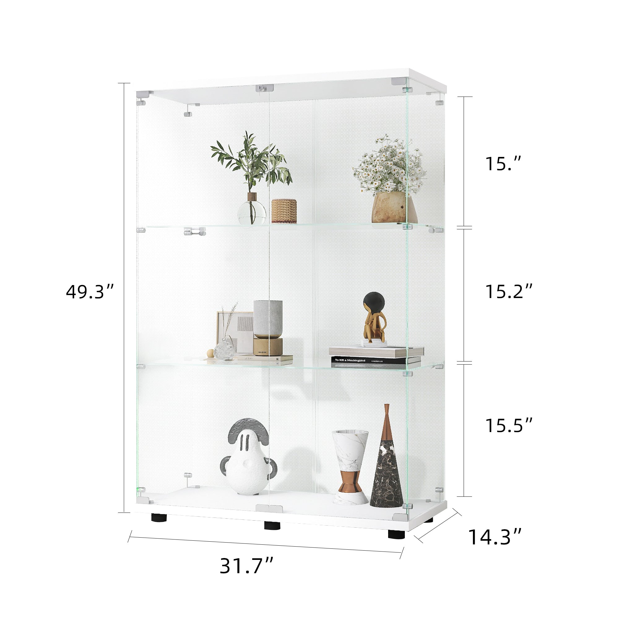 Two-door Glass Display Cabinet 3 Shelves with Door, Floor Standing Curio Bookshelf for Living Room Bedroom Office, 49.3'*31.7