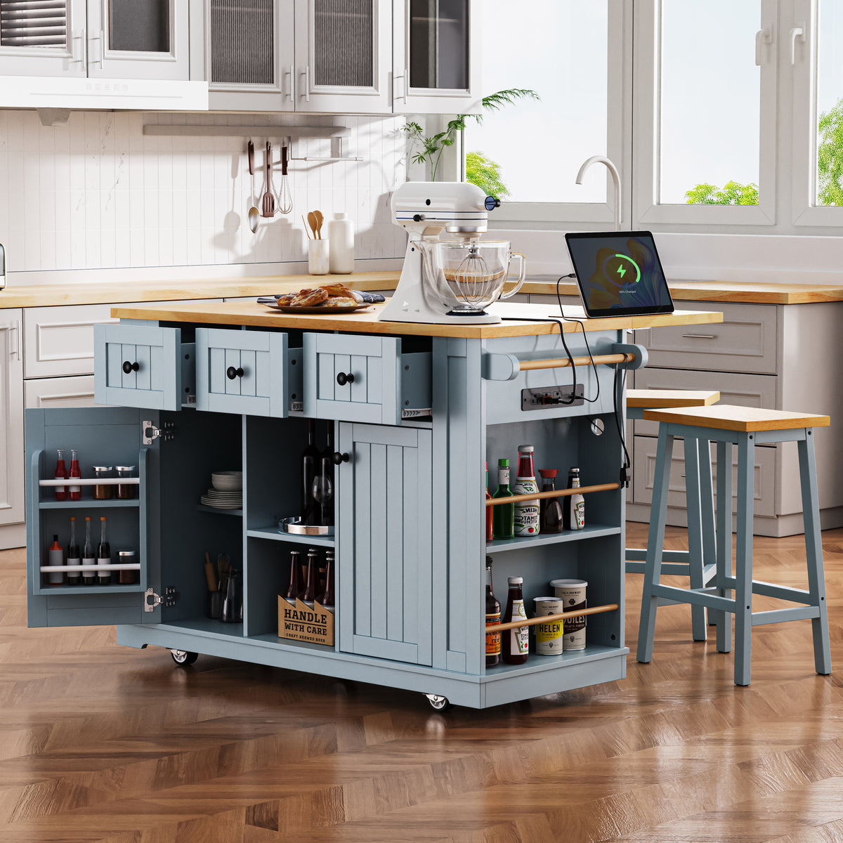 K&K 53inch Large Kitchen Island with 2 Bar Stools,Power Outlet,Door Internal Storage Rack,Kitchen Storage Cart on 5 Wheels with Drop Leaf,5 Open Side Racks,3 Drawers,Grey Blue (Three Packages) - Grand Goldman Shop