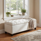 Ottoman Bench with Storage, White Boucle Surface, Rubber Wood Legs, 300 lbs Capacity - Grand Goldman Shop