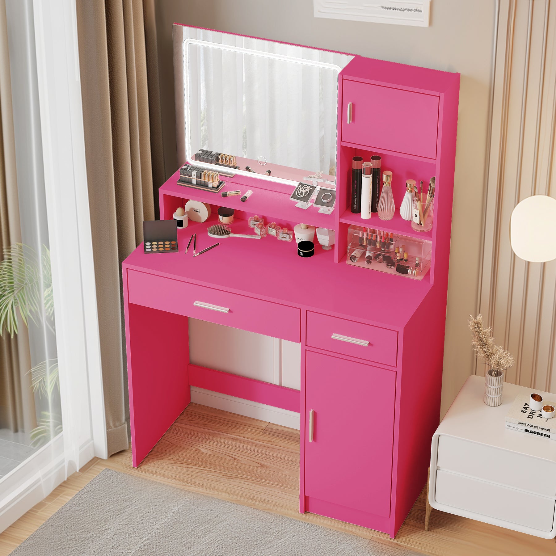 Vanity Desk with Mirror and LED Light Strip,Dressing Table with Large Drawer, 3 Level Storage Dresser & 3 Lighting Modes Adjustable Brightness, Suitable for Bedroom(Rose Pink) - Grand Goldman Shop