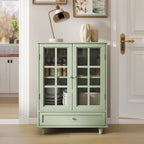 Minimalism Buffet Cabinet with Double Glass Doors and Drawer, Modern Wooden Storage Sideboard Cupboard, Mint Green, MDF and Solid Wood, 28''x15''x36.22'' - Grand Goldman Shop