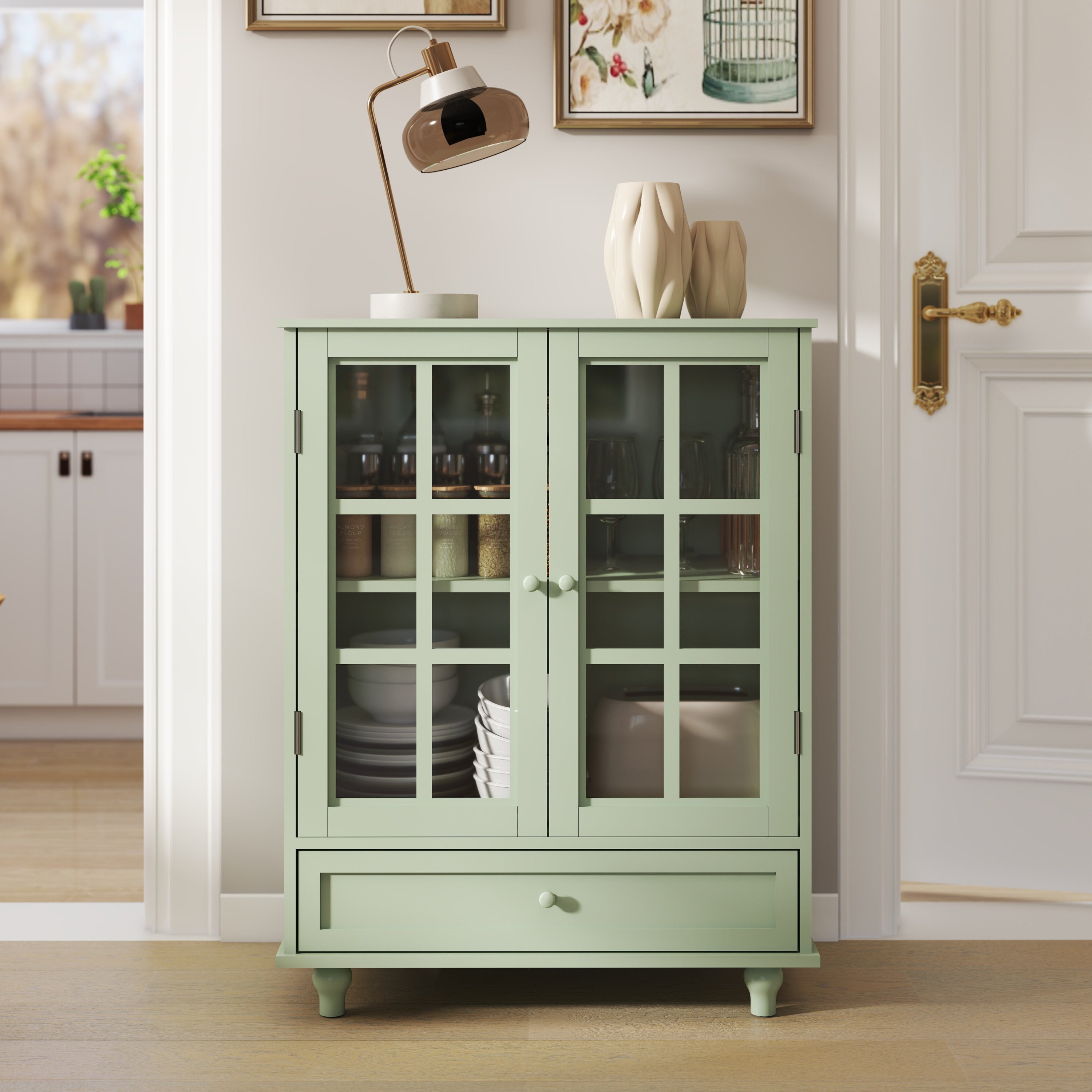 Minimalism Buffet Cabinet with Double Glass Doors and Drawer, Modern Wooden Storage Sideboard Cupboard, Mint Green, MDF and Solid Wood, 28''x15''x36.22'' - Grand Goldman Shop