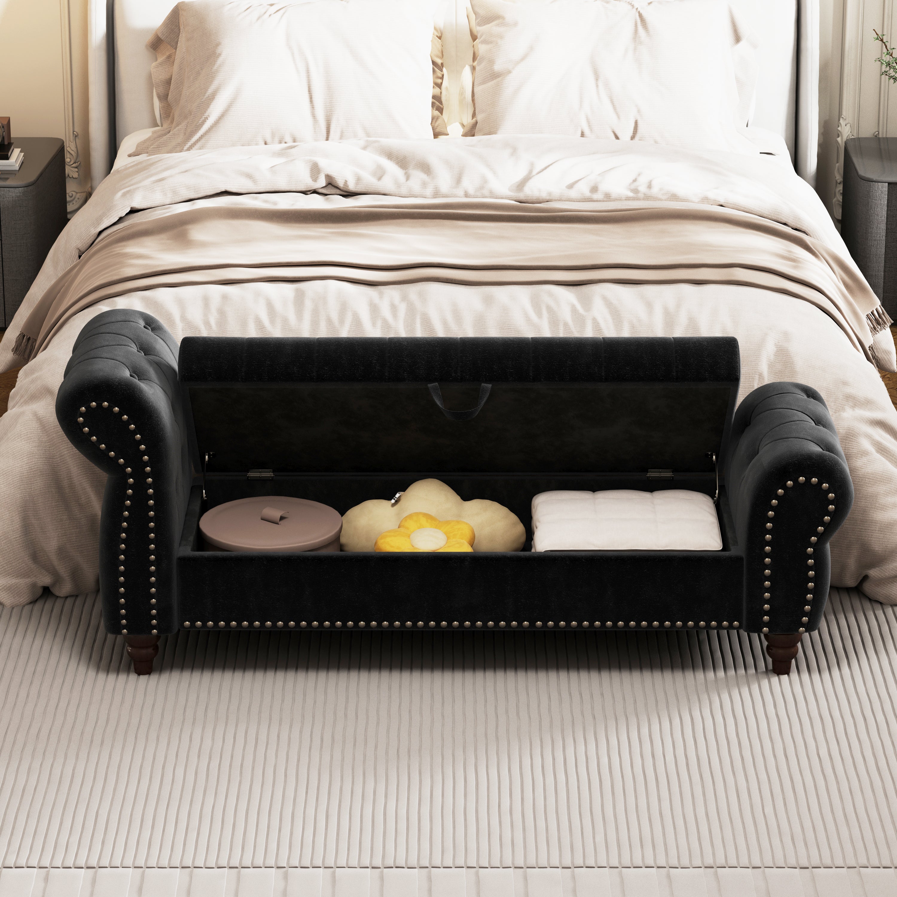 64.5' Bed Bench for Bed Room Nails Tufted Chaise of Lounge with Storage Velvet Upholstery Black - Grand Goldman Shop