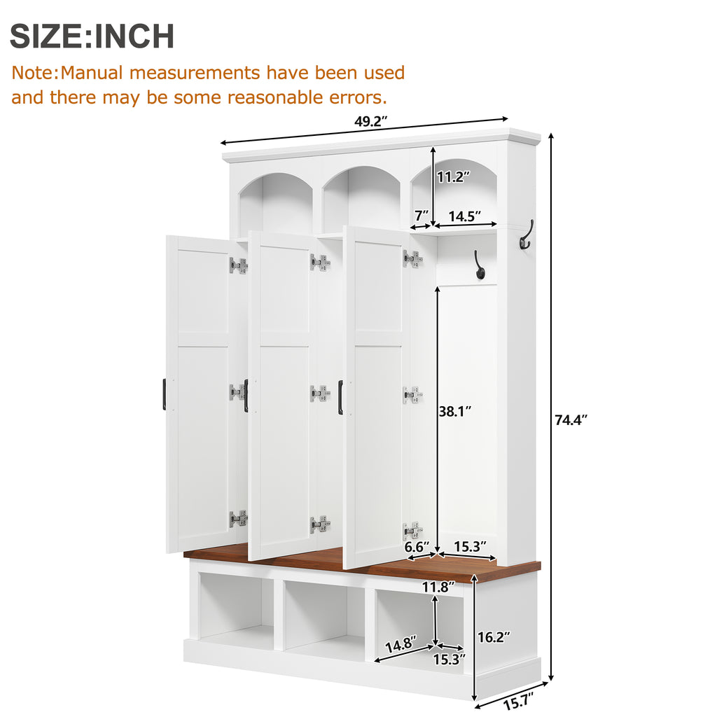 Classic Arched Design Hall Tree with 3 Hidden Storage, Farmhouse Mudroom with Walnut Bench, Mid-Century All-in-One Entryway Organizer with 5 Hooks for Hallway, White - Grand Goldman Shop