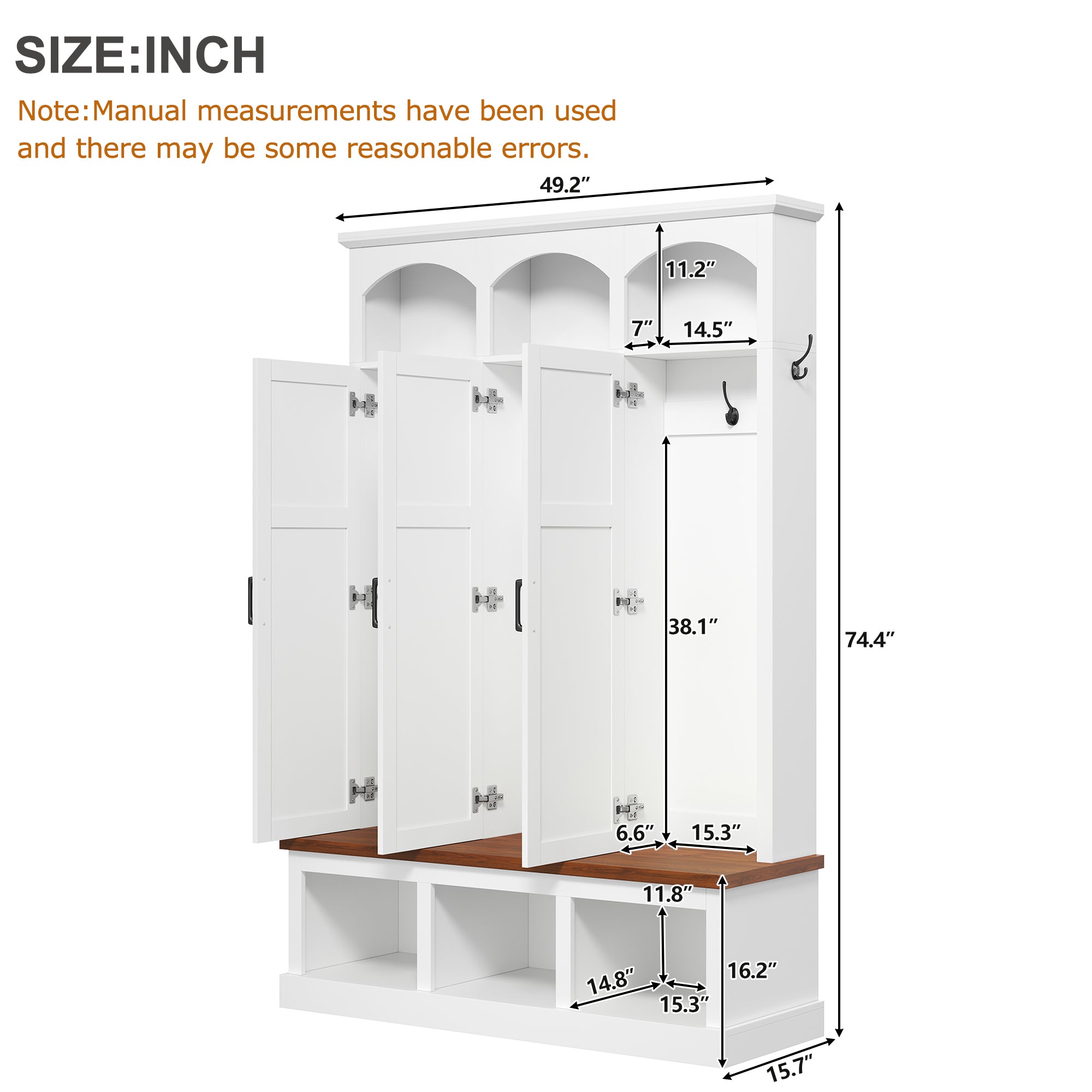 Classic Arched Design Hall Tree with 3 Hidden Storage, Farmhouse Mudroom with Walnut Bench, Mid-Century All-in-One Entryway Organizer with 5 Hooks for Hallway, White - Grand Goldman Shop