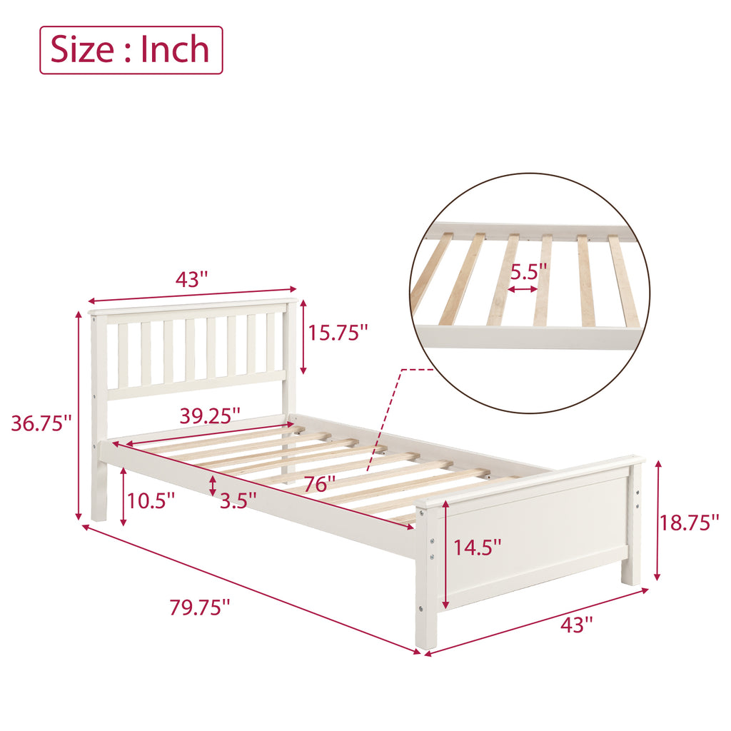 Twin Size Wood Platform Bed with Headboard, Footboard, Wood Slat Support, White Finish - Grand Goldman Shop