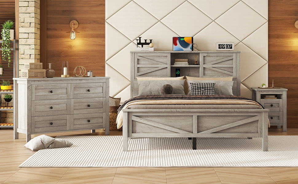 3-Pieces Bedroom Sets Queen Size Farmhouse Platform Bed with Double Sliding Door Storage Headboard and Charging Station, Storage Nightstand and Dresser, Antique Gray(Old SKU HL000092AAG) - Grand Goldman Shop