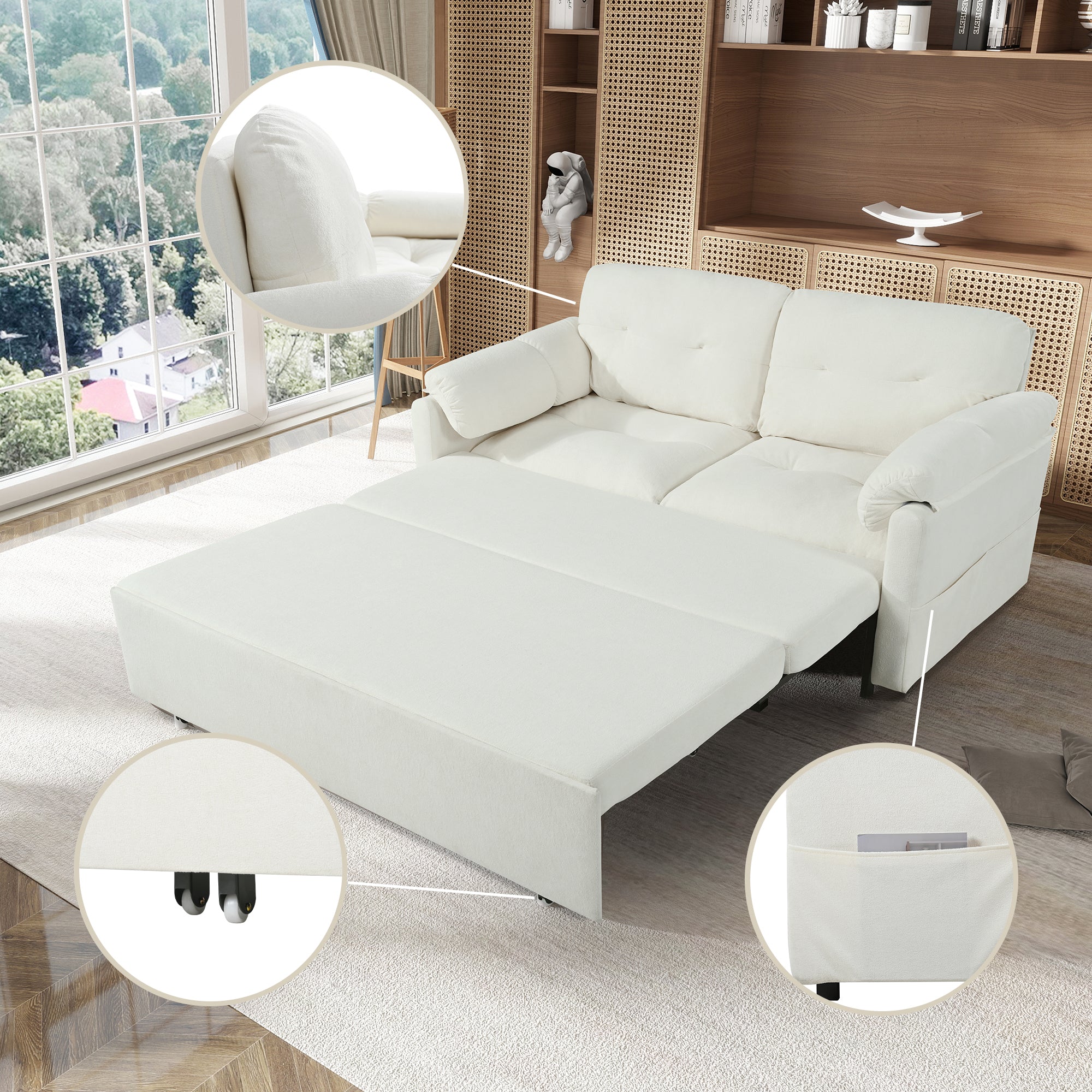 Convertible Pull-Out Queen Sleeper Sofa, 3-in-1 Loveseat with Side Storage & 8 Silent Casters, Beige Chenille Fabric, Fits Living Room, Bedroom, Apartment - Grand Goldman Shop
