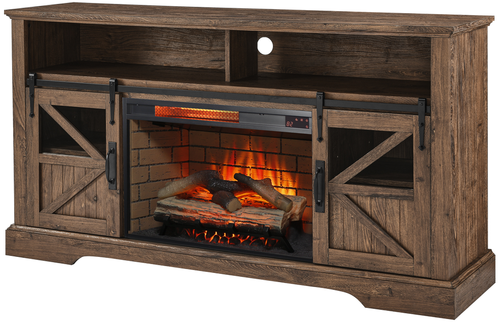 60 Inch Electric Fireplace  Entertainment Center With Door Sensor-Reclaimed Barnwood Color - Grand Goldman Shop
