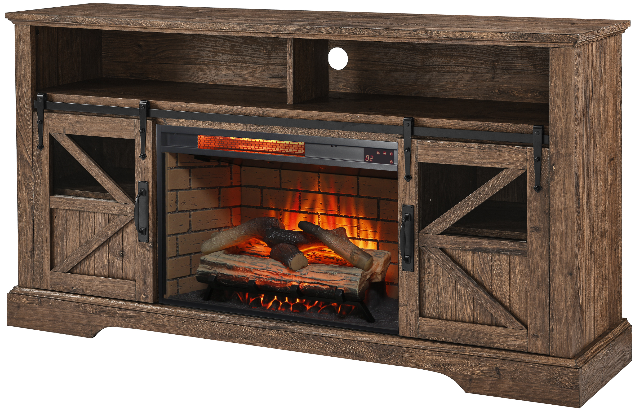 60 Inch Electric Fireplace  Entertainment Center With Door Sensor-Reclaimed Barnwood Color - Grand Goldman Shop