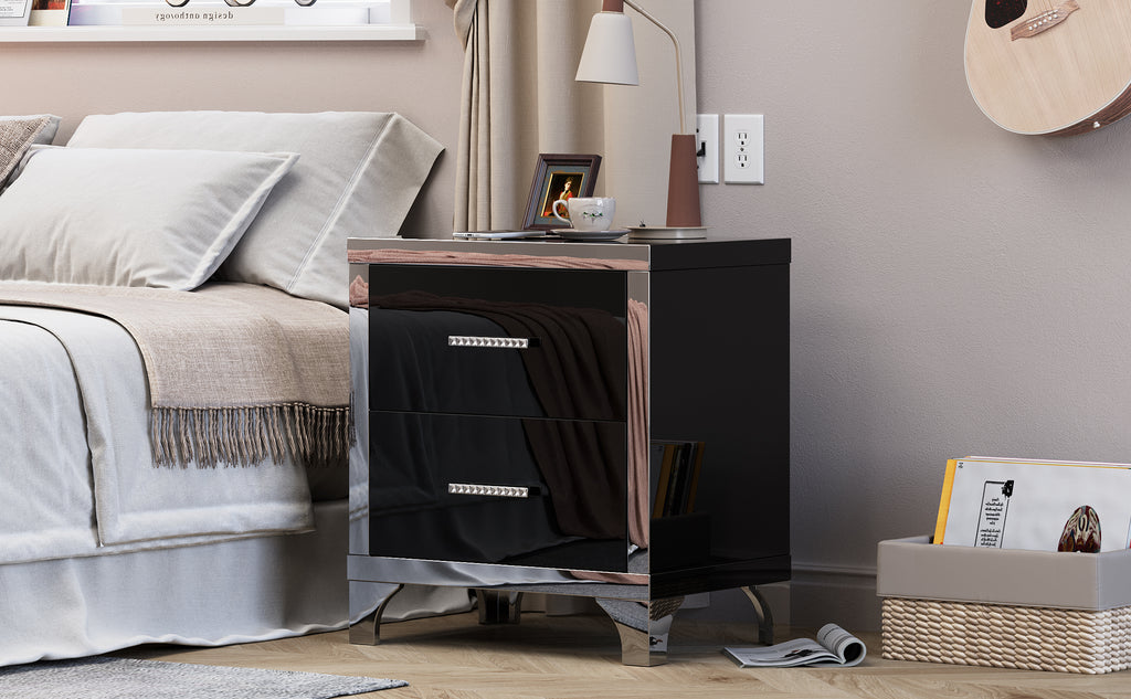 High Gloss Mirrored Nightstand with 2 Drawers,Modern End Table with Drawers,Mirrored High Gloss Wood Nightstand Metal Handle Bedside End Table for Bedroom, Dorm,Living Room,Black - Grand Goldman Shop