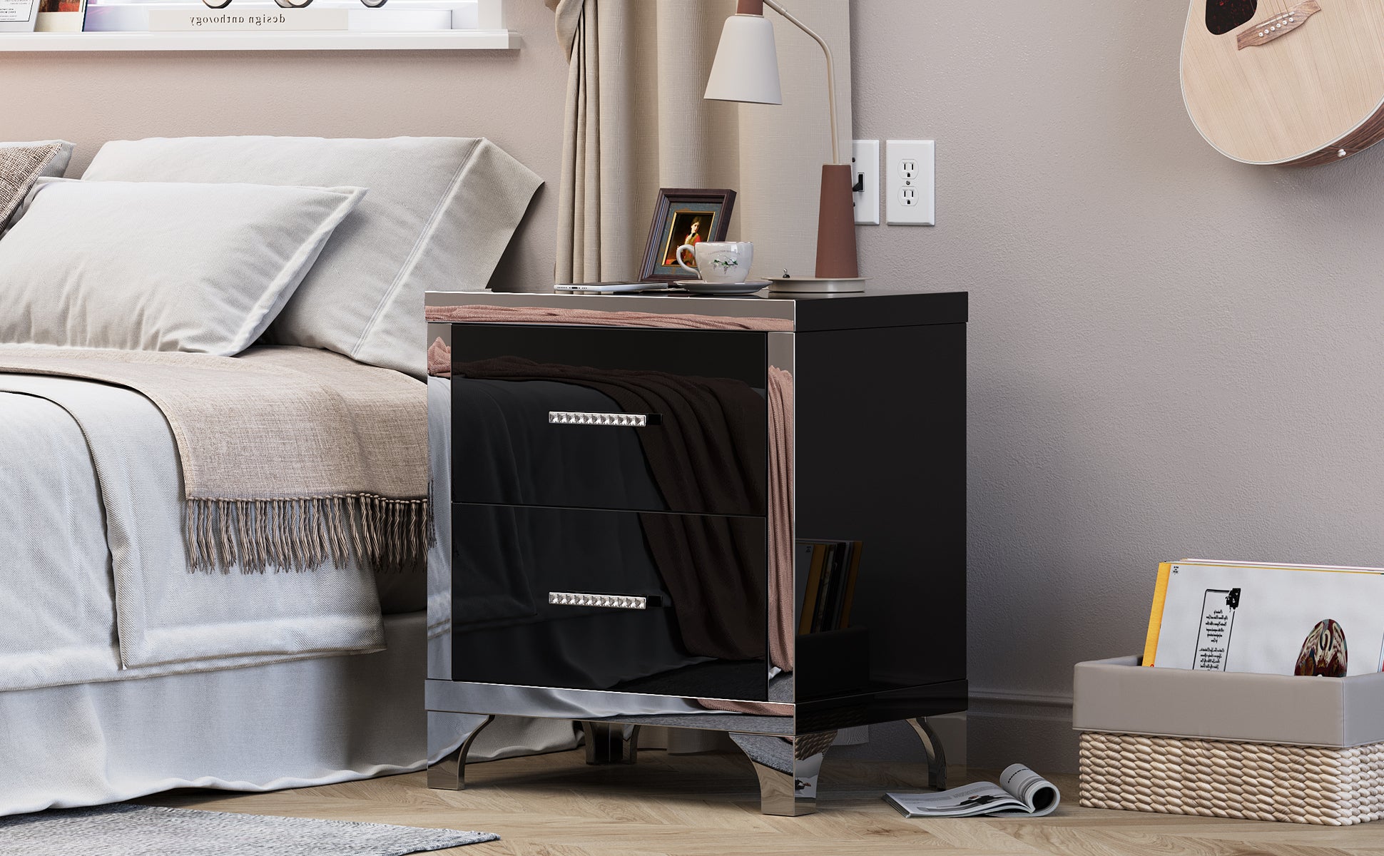High Gloss Mirrored Nightstand with 2 Drawers,Modern End Table with Drawers,Mirrored High Gloss Wood Nightstand Metal Handle Bedside End Table for Bedroom, Dorm,Living Room,Black - Grand Goldman Shop