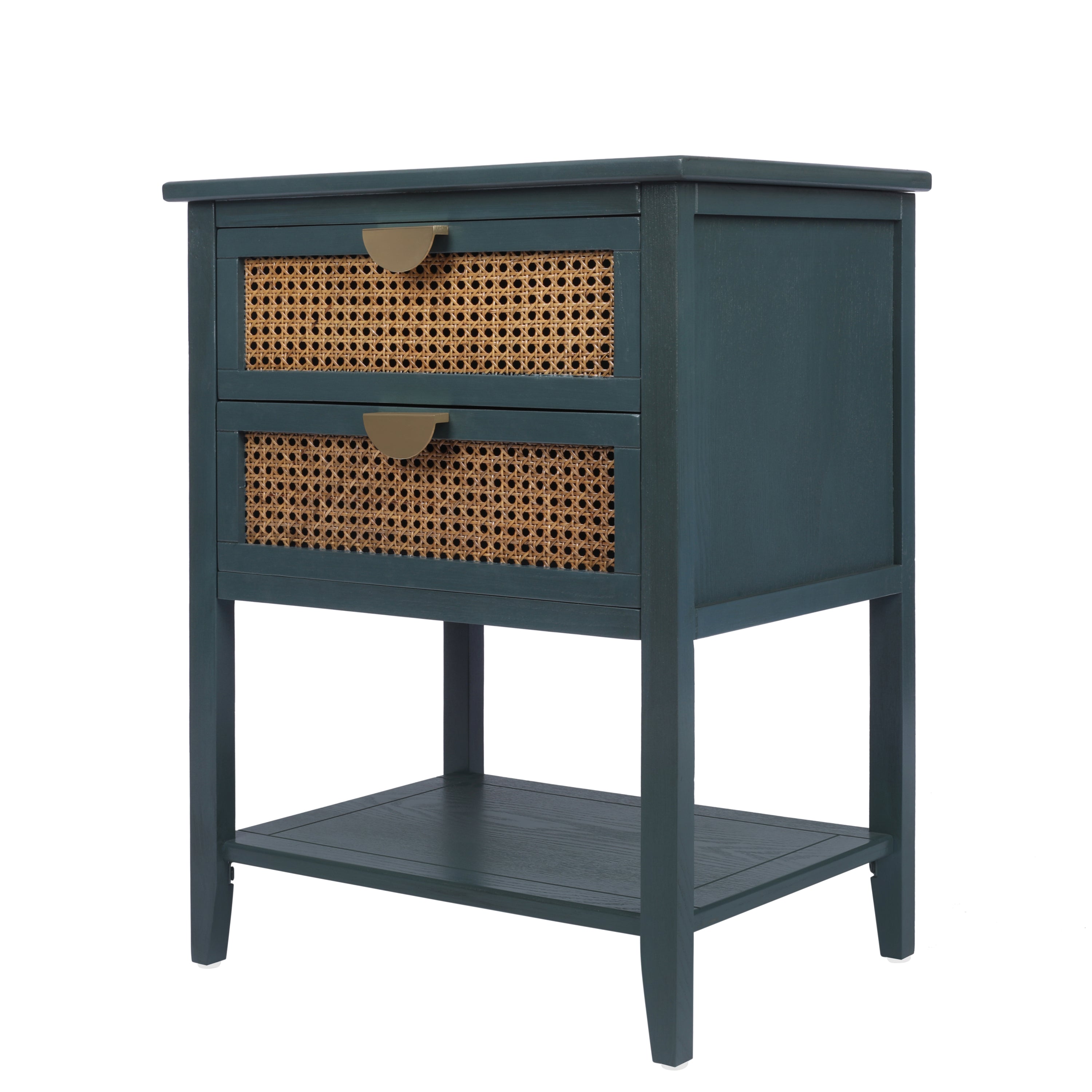 2-Drawer Side Table - Natural Rattan - End Table - Suitable for Bedroom, Living Room, or Study - Green MDF - Grand Goldman Shop