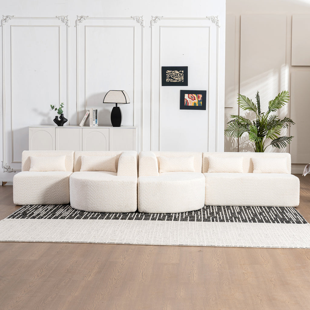 Modern Upholstered L-Shape Sofa with Chaise Lounge and Back Pillows, Beige Boucle Fabric, 144 inches - Grand Goldman Shop