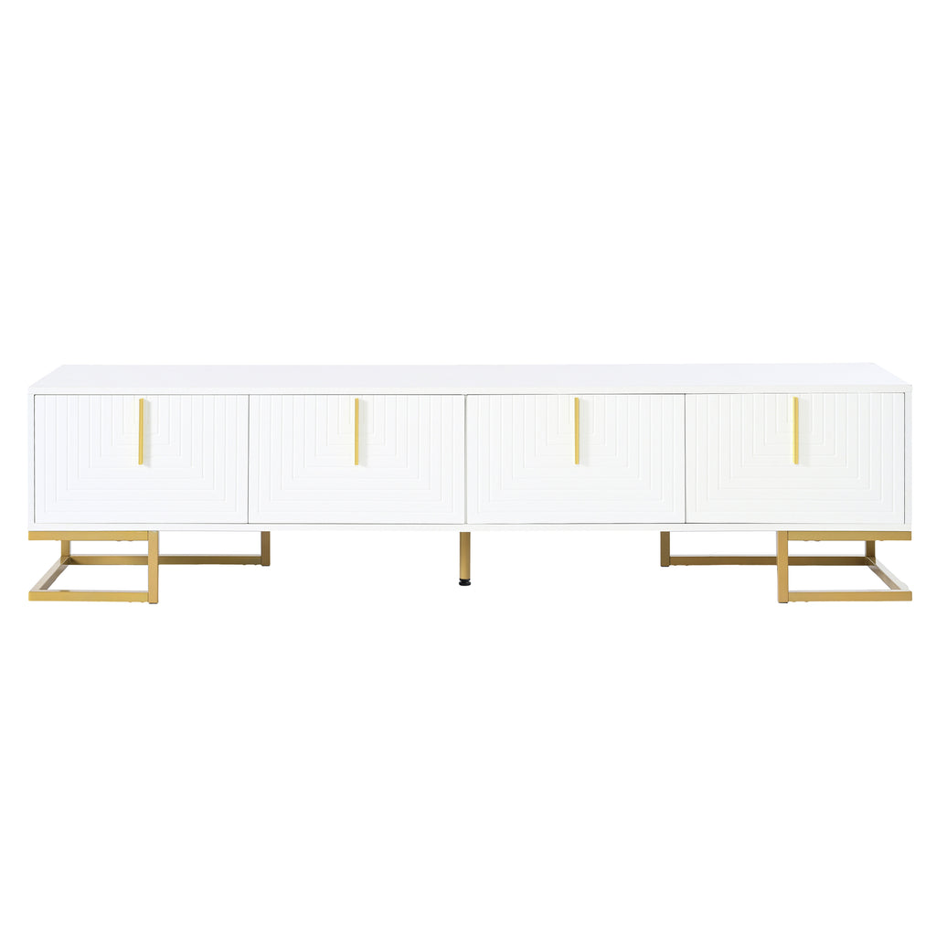 ON-TREND Modern TV Stand with Metal Legs and Gold Handles for TVs Up to 80'', Media Console Table with Cabinets and Adjustable Shelves, Luxury TV Cabinet with Geometric Lines for Living Room, White - Grand Goldman Shop