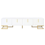 ON-TREND Modern TV Stand with Metal Legs and Gold Handles for TVs Up to 80'', Media Console Table with Cabinets and Adjustable Shelves, Luxury TV Cabinet with Geometric Lines for Living Room, White - Grand Goldman Shop