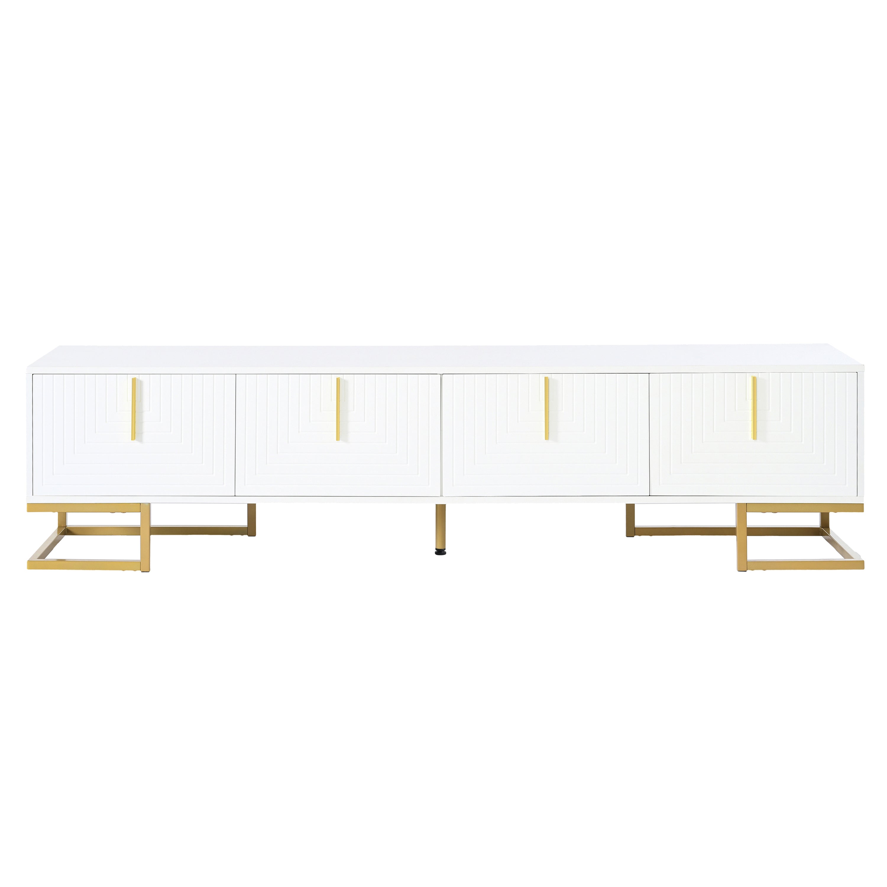ON-TREND Modern TV Stand with Metal Legs and Gold Handles for TVs Up to 80'', Media Console Table with Cabinets and Adjustable Shelves, Luxury TV Cabinet with Geometric Lines for Living Room, White - Grand Goldman Shop
