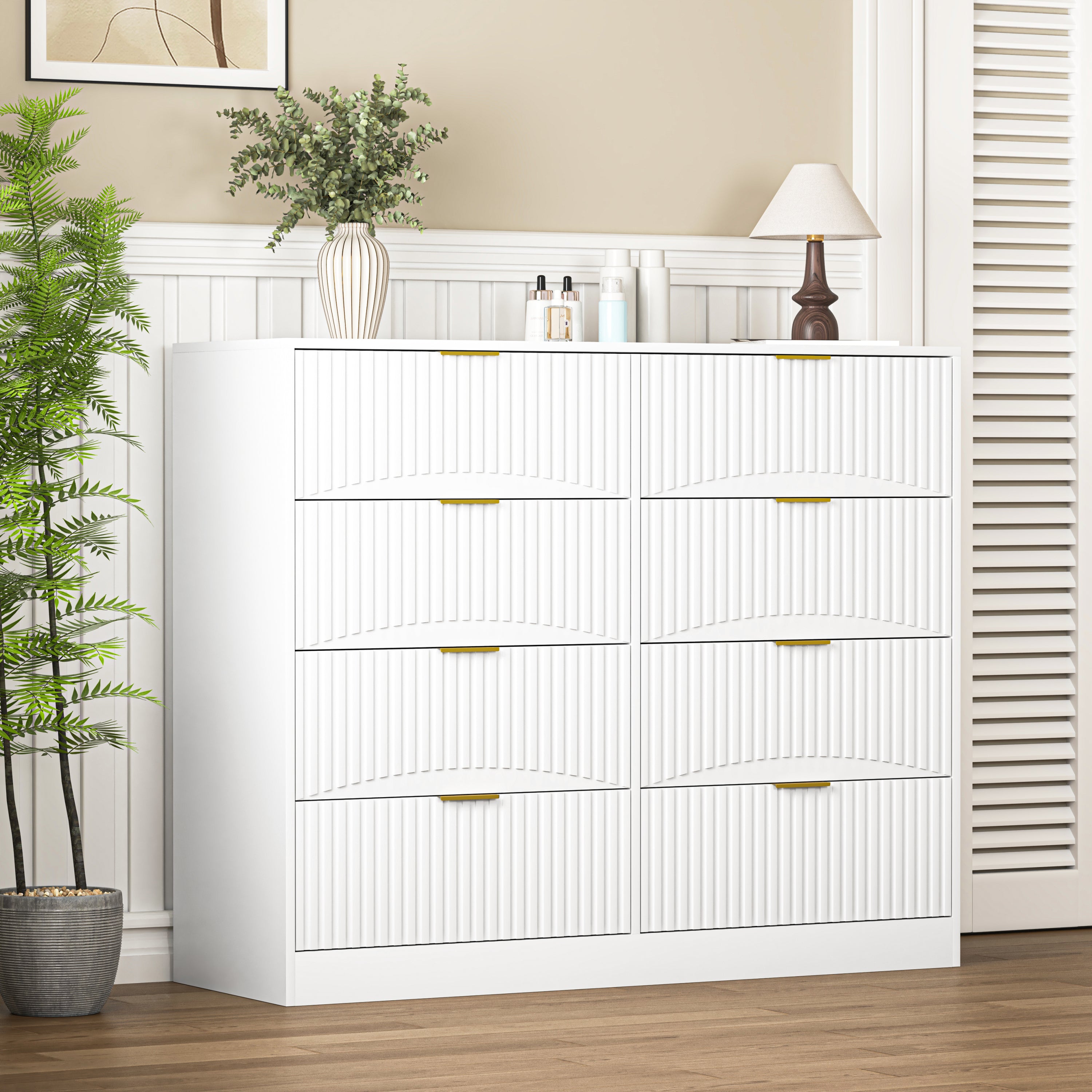 Modern 8 Drawers Dresser Chests for Bedroom,47.2' Wide Wood Chest of Drawers with Gold Metal Handle,Drawer Organizer for Bedroom,Living Room,Hallway and Entryway,White - Grand Goldman Shop