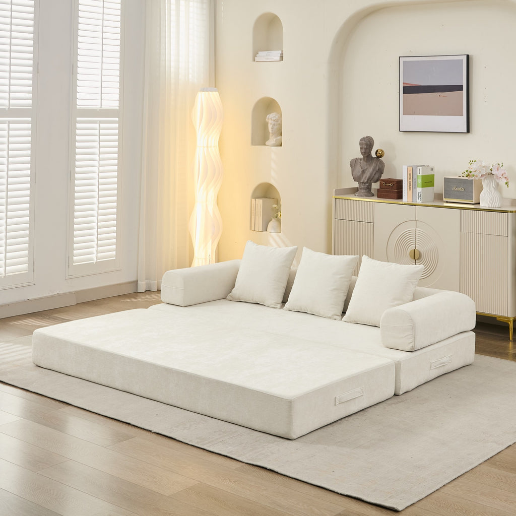 Comfy Convertible Folding Mattress Couch, Floor Sofa Bed, Chenille Floor Sofa with Armrest, Floor Sofa Lounge Couch for Living Room Bedroom Lounge Studio-Beige - Grand Goldman Shop
