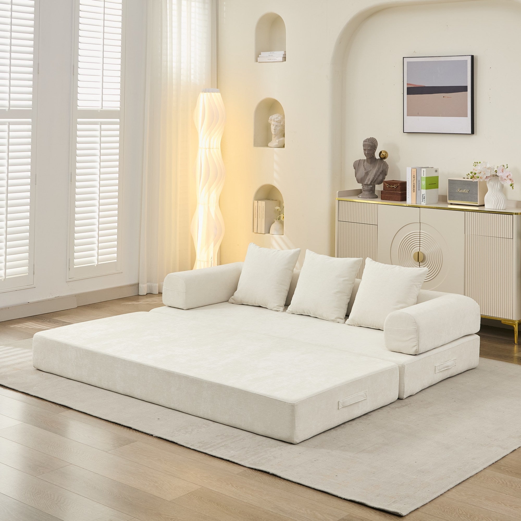 Comfy Convertible Folding Mattress Couch, Floor Sofa Bed, Chenille Floor Sofa with Armrest, Floor Sofa Lounge Couch for Living Room Bedroom Lounge Studio-Beige - Grand Goldman Shop