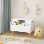 Wooden Toy Box with Front Bookshelf, Flip-Top Lid, Safety Hinge for Kids Room Organization in White, Solid Wood & MDF Constru