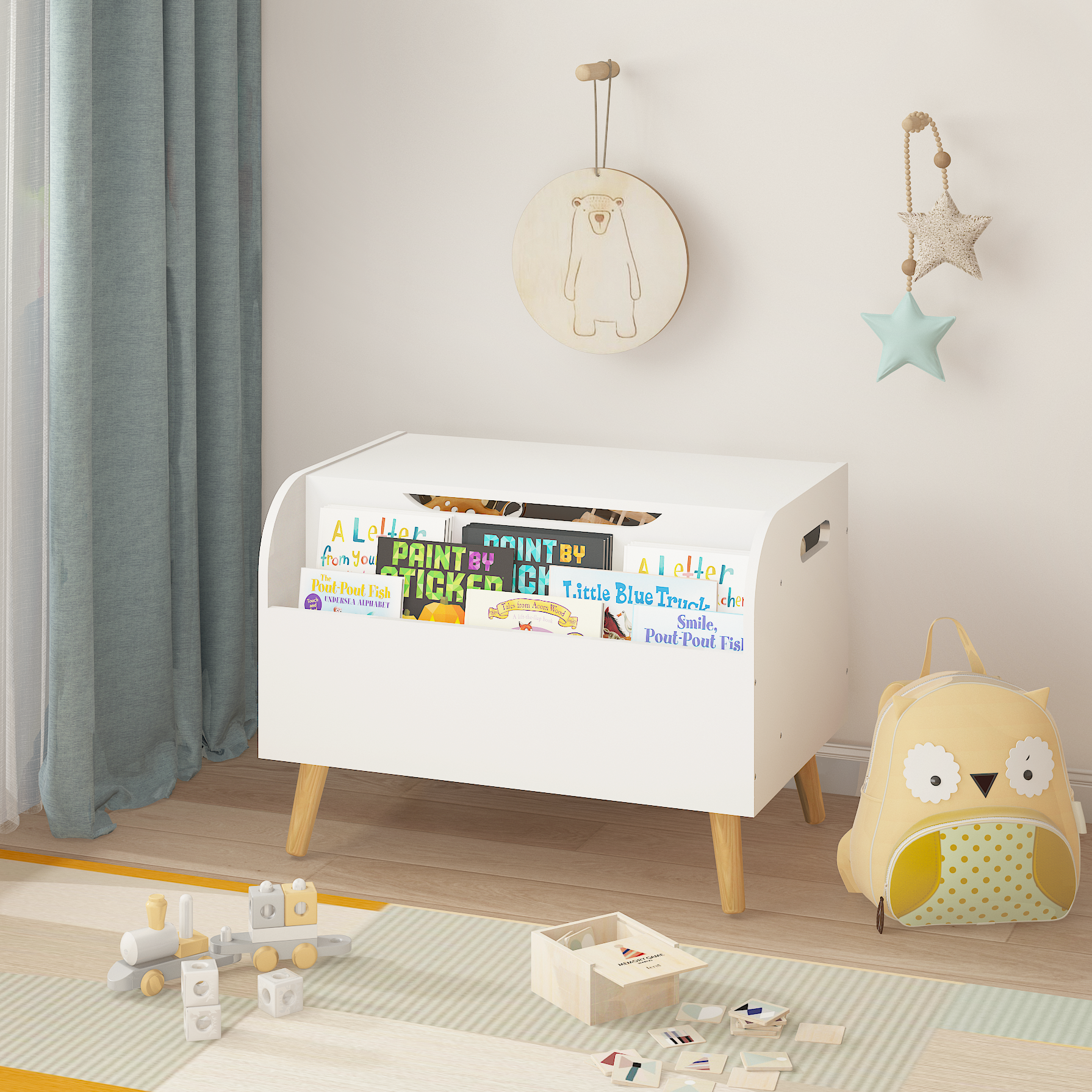 Wooden Toy Box with Front Bookshelf, Flip-Top Lid, Safety Hinge for Kids Room Organization in White, Solid Wood & MDF Constru