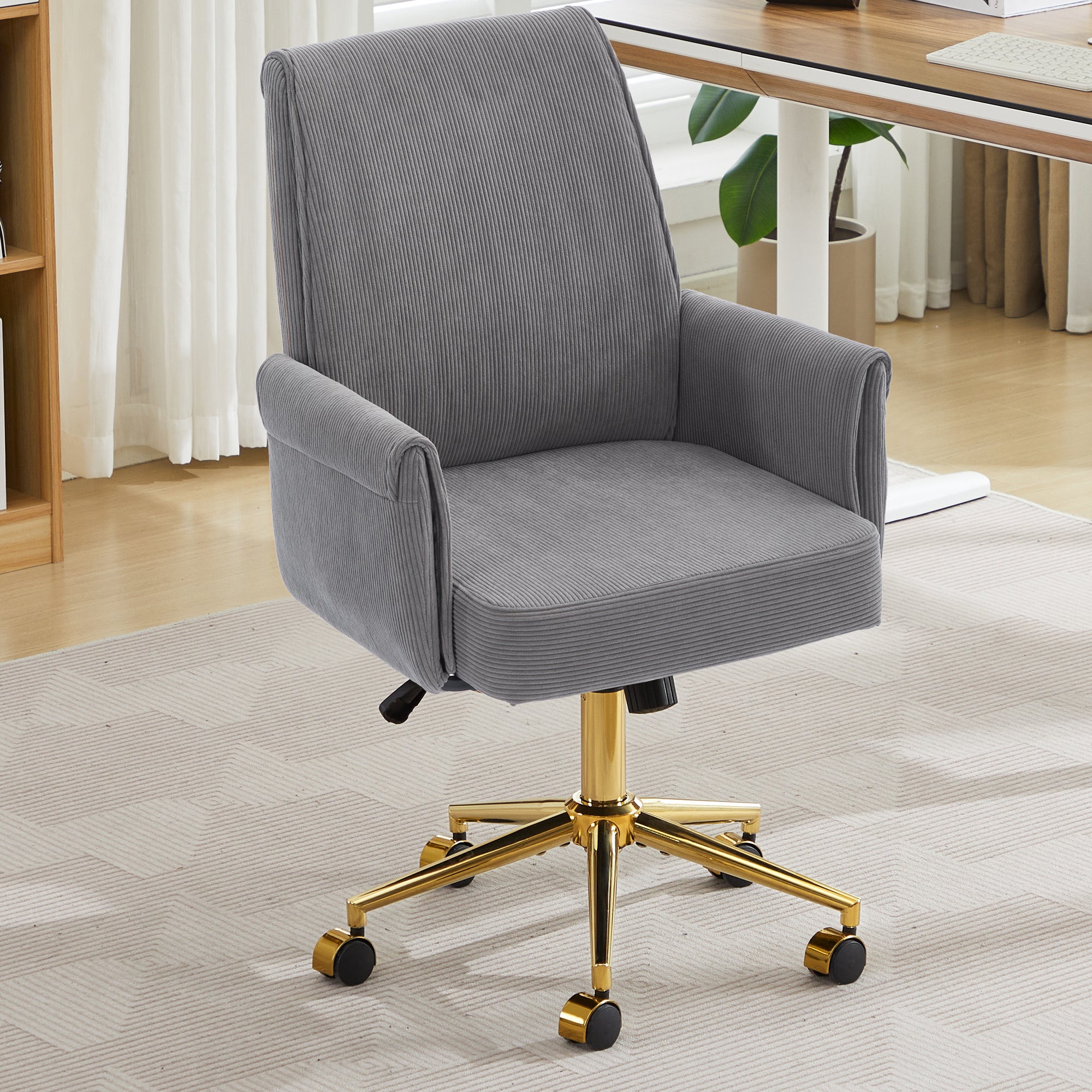 Ergonomic Mid-Back Office Chair with Striped Fabric in Gray, Corduroy Upholstery, Ideal for Work, Study, or Relaxation - Gran