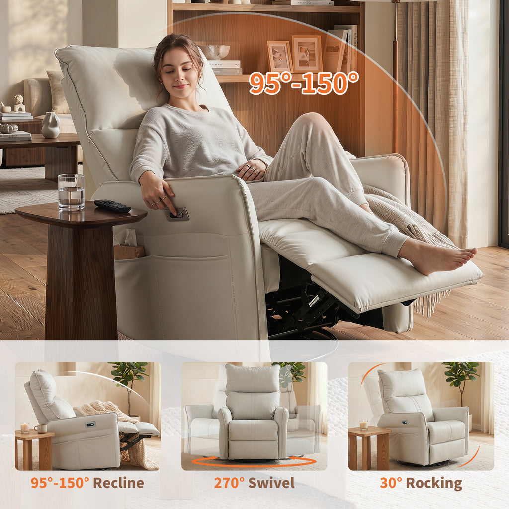 270° Power Swivel Rocker Recliner Chair, PU Leather Electric Glider Reclining Sofa with USB Ports, Power Swivel Glider, Rocking Chair,Nursery Recliners for Living Room Bedroom(Light Gray+270°Swivel) - Grand Goldman Shop