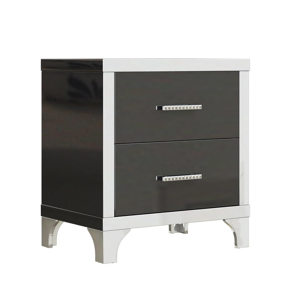 Elegant High Gloss Nightstand with Metal Handle,Mirrored Bedside Table with 2 Drawers for Bedroom,Living Room,Black - Grand Goldman Shop