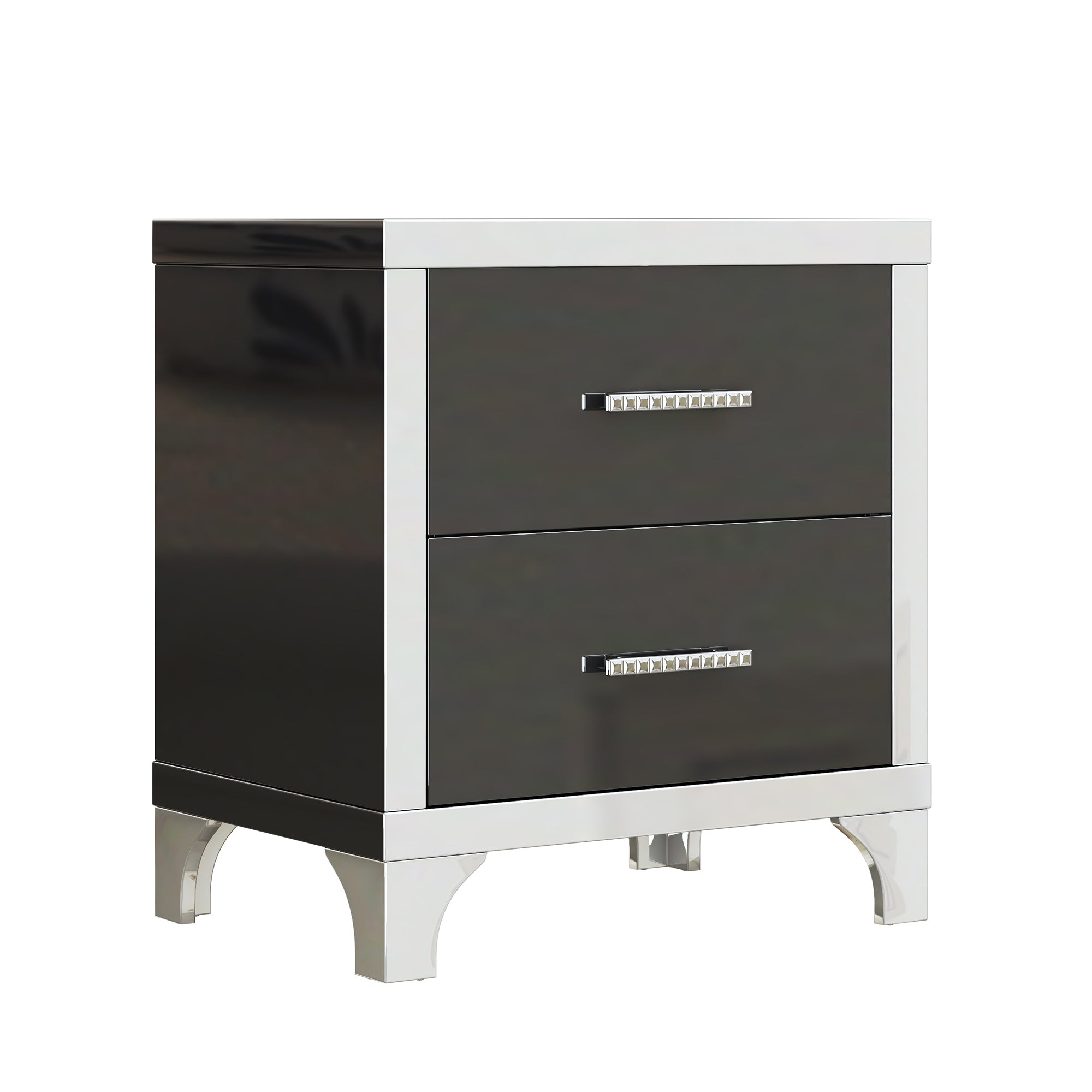 Elegant High Gloss Nightstand with Metal Handle,Mirrored Bedside Table with 2 Drawers for Bedroom,Living Room,Black - Grand Goldman Shop