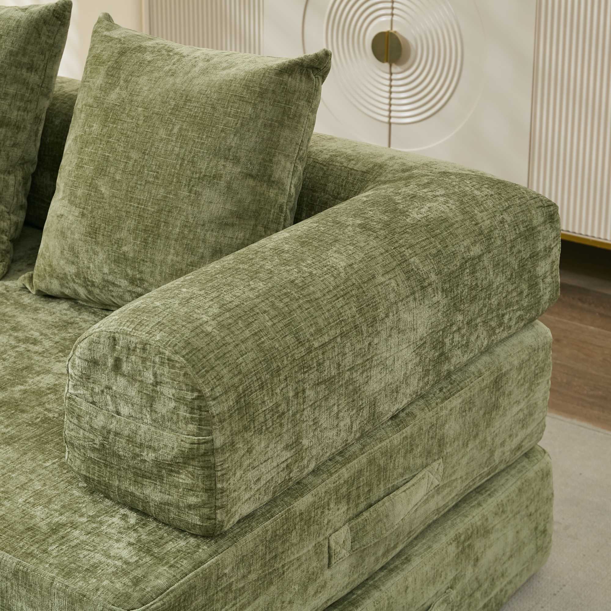 Comfy Convertible Folding Mattress Couch, Floor Sofa Bed, Chenille Floor Sofa with Armrest, Floor Sofa Lounge Couch for Living Room Bedroom Lounge Studio-Green - Grand Goldman Shop