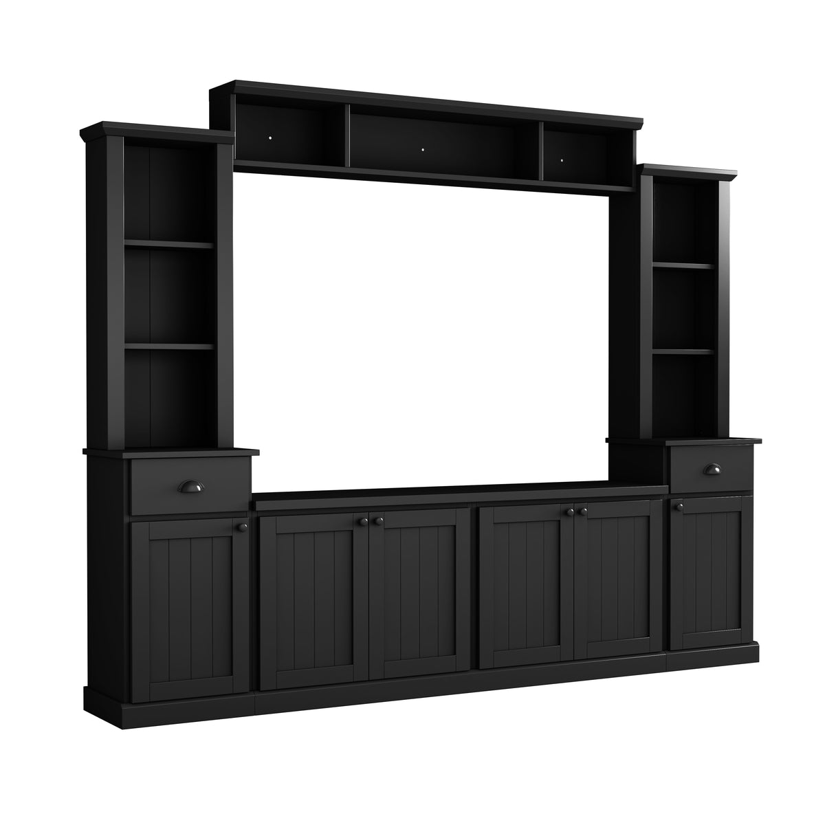 Minimalist Entertainment Wall Unit Set with Bridge for TVs Up to 75'', Ample Storage Space TV Stand with Adjustable Shelves, Modernist Large Media Console for Living Room, Black - Grand Goldman Shop