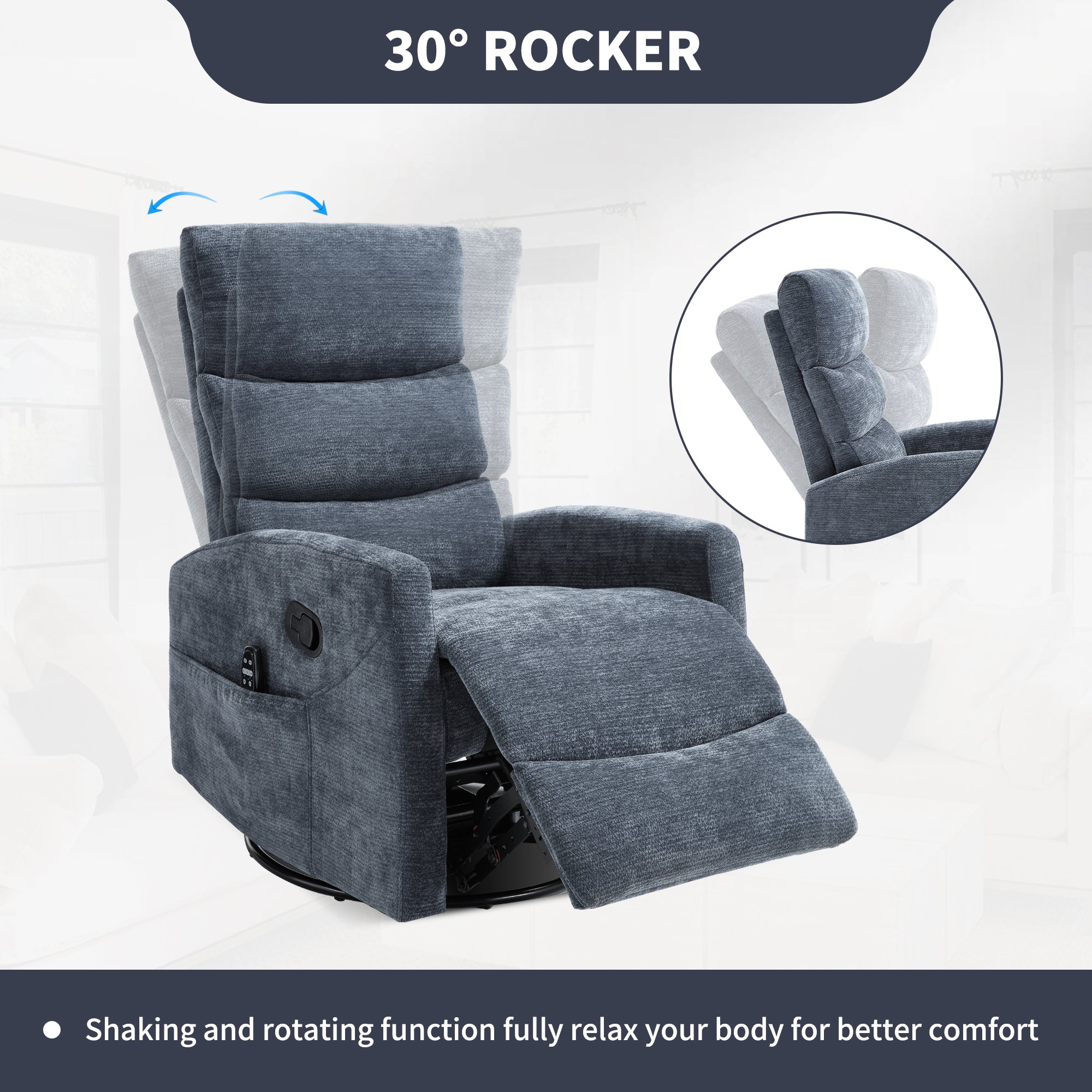 Heat Massage Manual Recliner Chair with Rocker and Swivel in Fabric for Living Room, Blue - Grand Goldman Shop