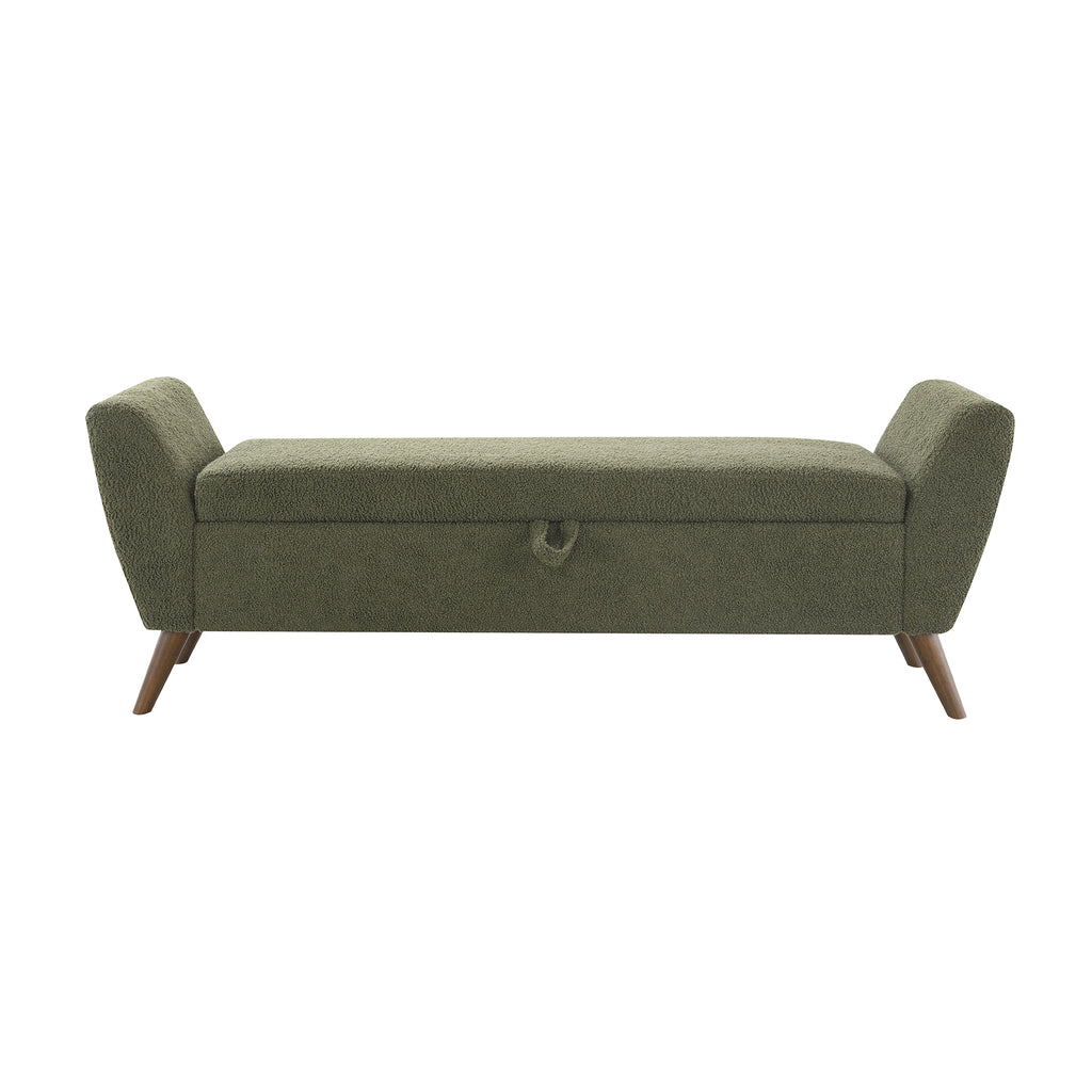 Modern Storage Bench with Mid-Century Wood Legs, 60'' Olive Green Teddy Fabric Upholstered Bench with Storage for Living Room & Bedroom - Grand Goldman Shop