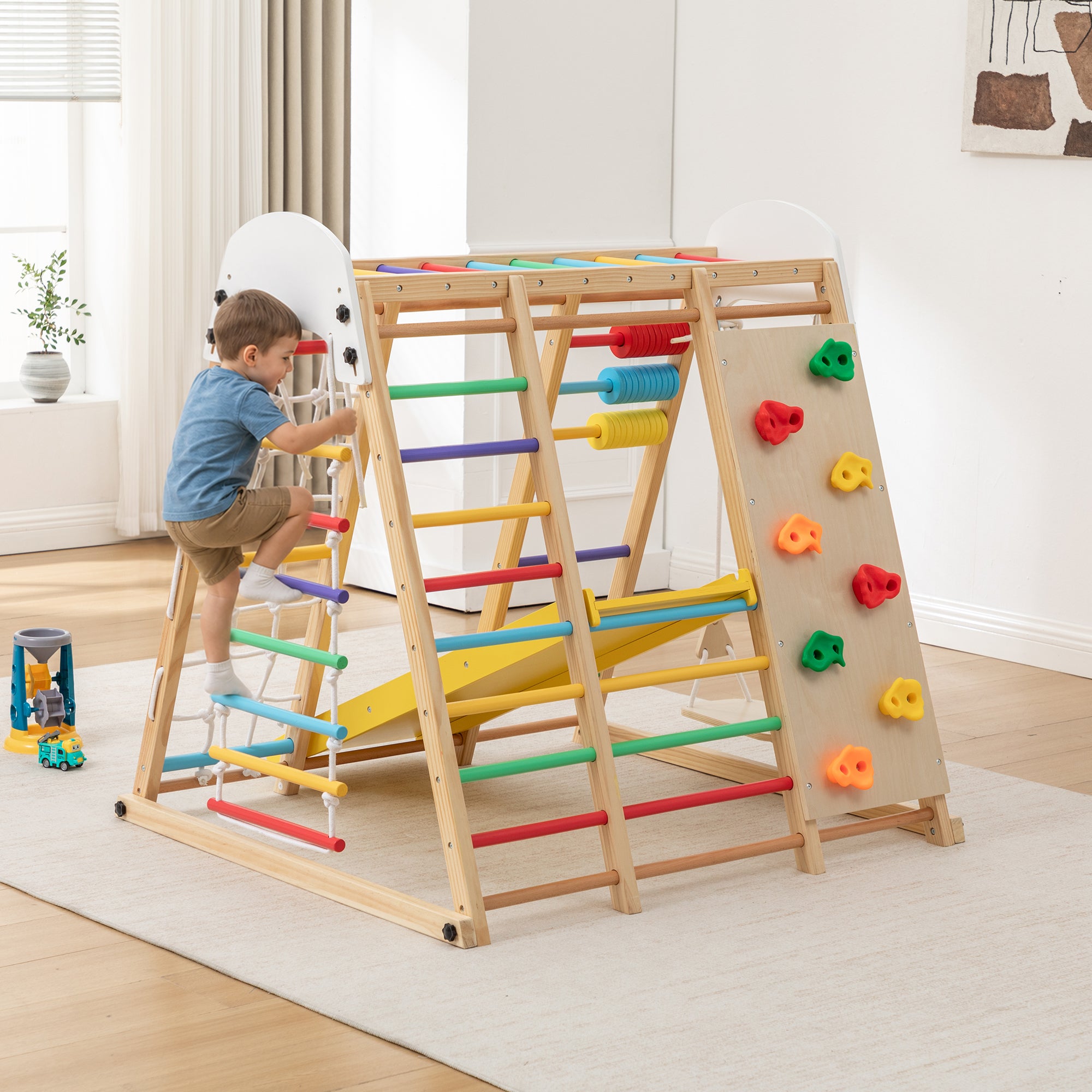 9-in-1 Foldable Kids Climbing Frame & Slide, Wooden Toddler Playground with Swing, Monkey Bars, Climbing Rock, Abacus Game – 