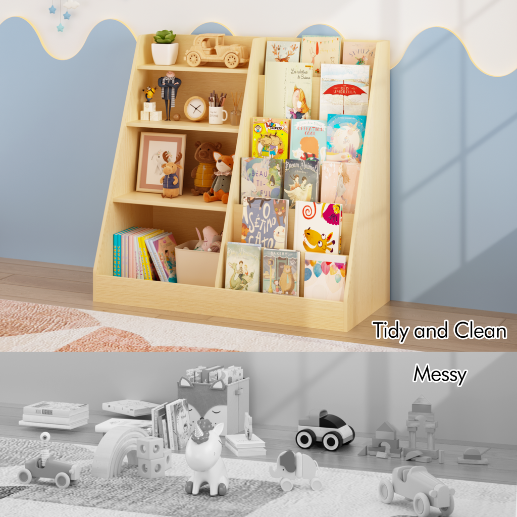 Kids Bookshelf and Toy Storage Organizer, Multifunctional 4 Tier Wooden Kids Book Shelf with  Bookcase Display Stand in Kids 