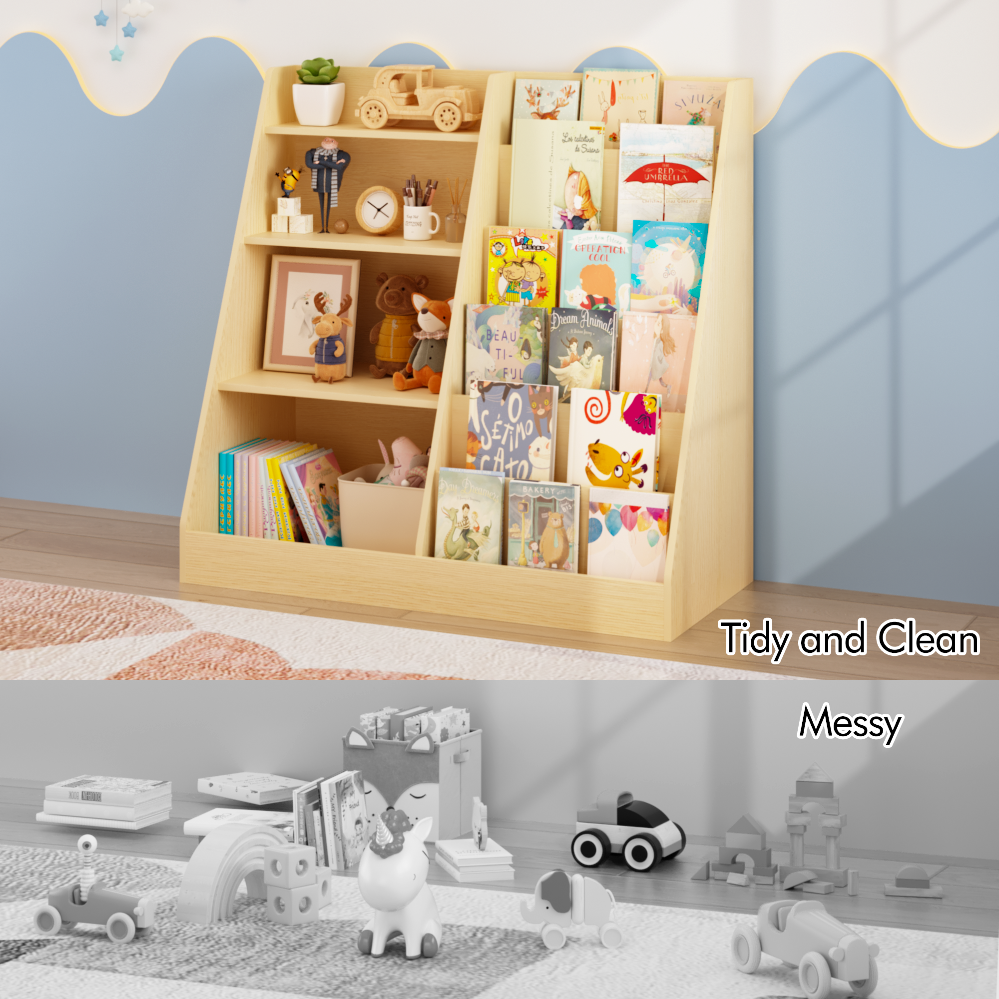 Kids Bookshelf and Toy Storage Organizer, Multifunctional 4 Tier Wooden Kids Book Shelf with  Bookcase Display Stand in Kids 