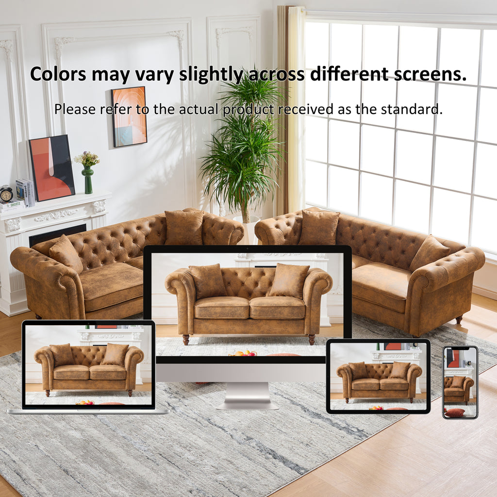 63'Chesterfield ‌tech Fabric Sofa,High-tech Fabric Roll Armrest Sofa,Upholstered Mid Century Modern Couch,2 Seater Couch for Living Room, Office, Apartment, Brown - Grand Goldman Shop
