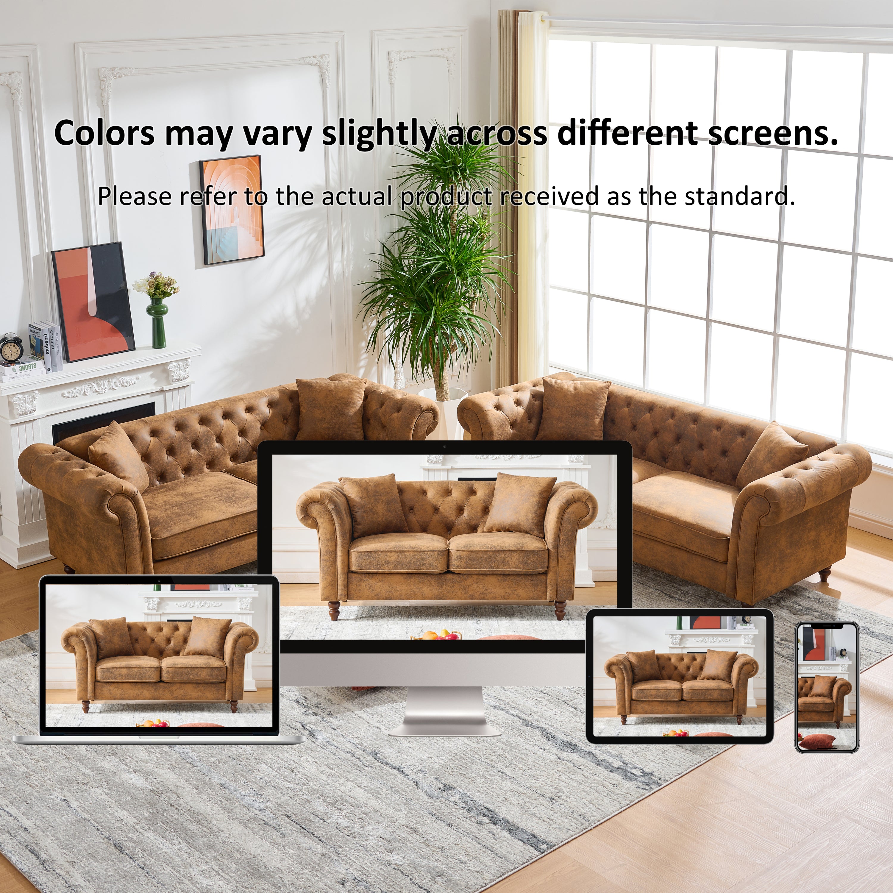 63'Chesterfield ‌tech Fabric Sofa,High-tech Fabric Roll Armrest Sofa,Upholstered Mid Century Modern Couch,2 Seater Couch for Living Room, Office, Apartment, Brown - Grand Goldman Shop