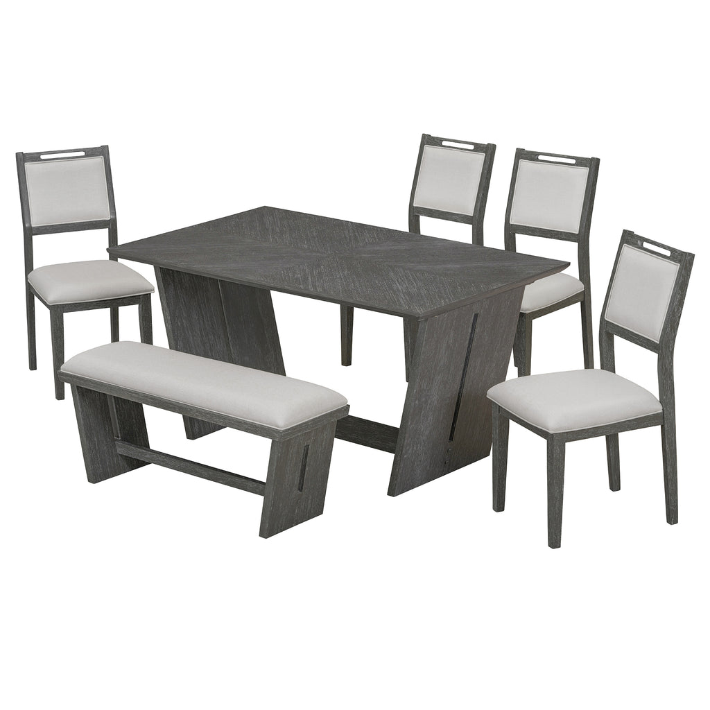 TREXM 6-Piece Retro Dining Table Set for 6, 60' Wood Kitchen Table and Chairs Set of 4 with Bench Designed Trestle Base for kitchen & Dining Room (Gray) - Grand Goldman Shop