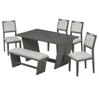 TREXM 6-Piece Retro Dining Table Set for 6, 60' Wood Kitchen Table and Chairs Set of 4 with Bench Designed Trestle Base for kitchen & Dining Room (Gray) - Grand Goldman Shop
