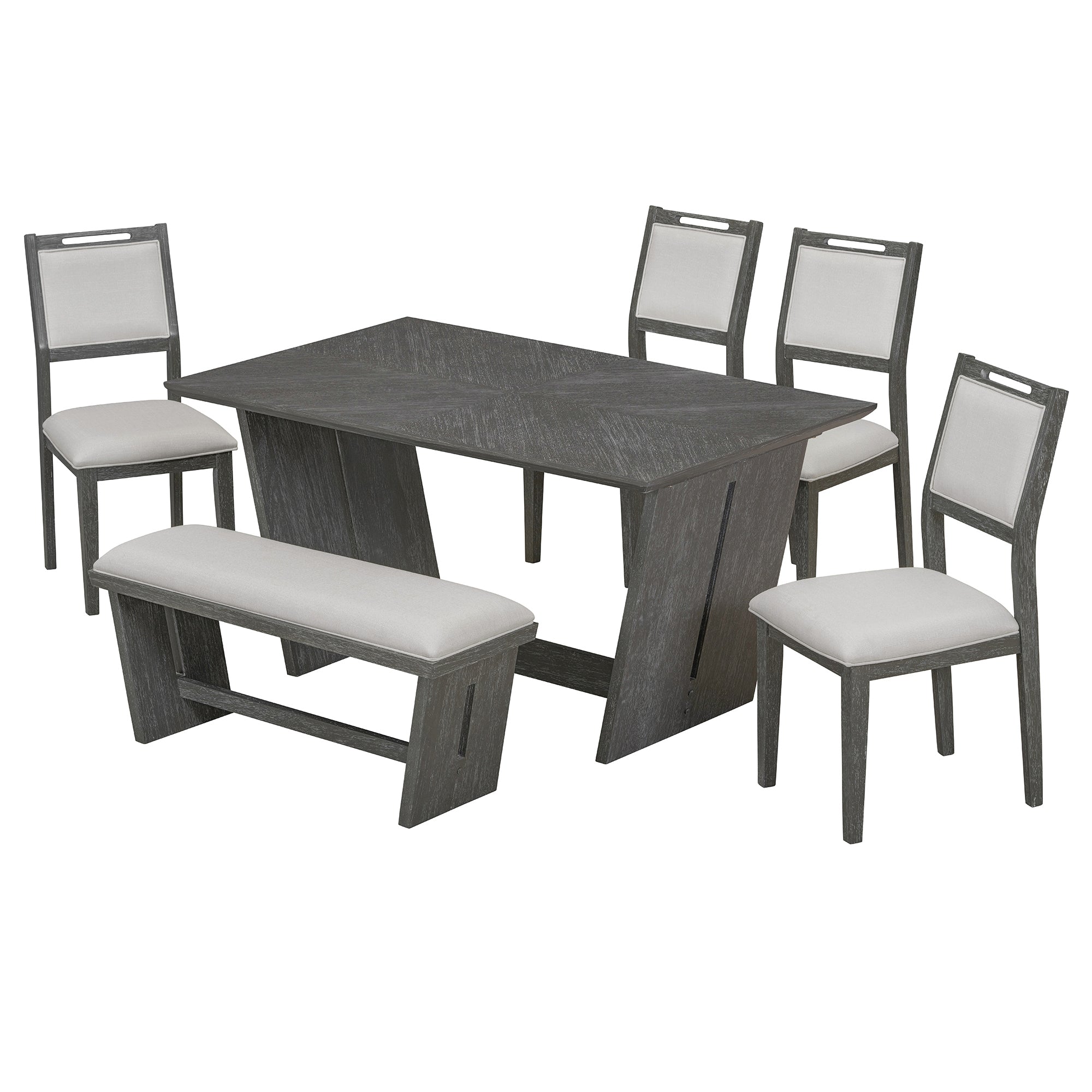TREXM 6-Piece Retro Dining Table Set for 6, 60' Wood Kitchen Table and Chairs Set of 4 with Bench Designed Trestle Base for kitchen & Dining Room (Gray) - Grand Goldman Shop