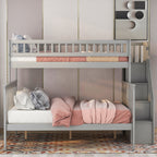 Twin Over Full Stairway Bunk Bed with Storage in Gray, Solid Pine Wood and MDF, 90.8''L x 57.8''W x 65.3''H - Grand Goldman Shop