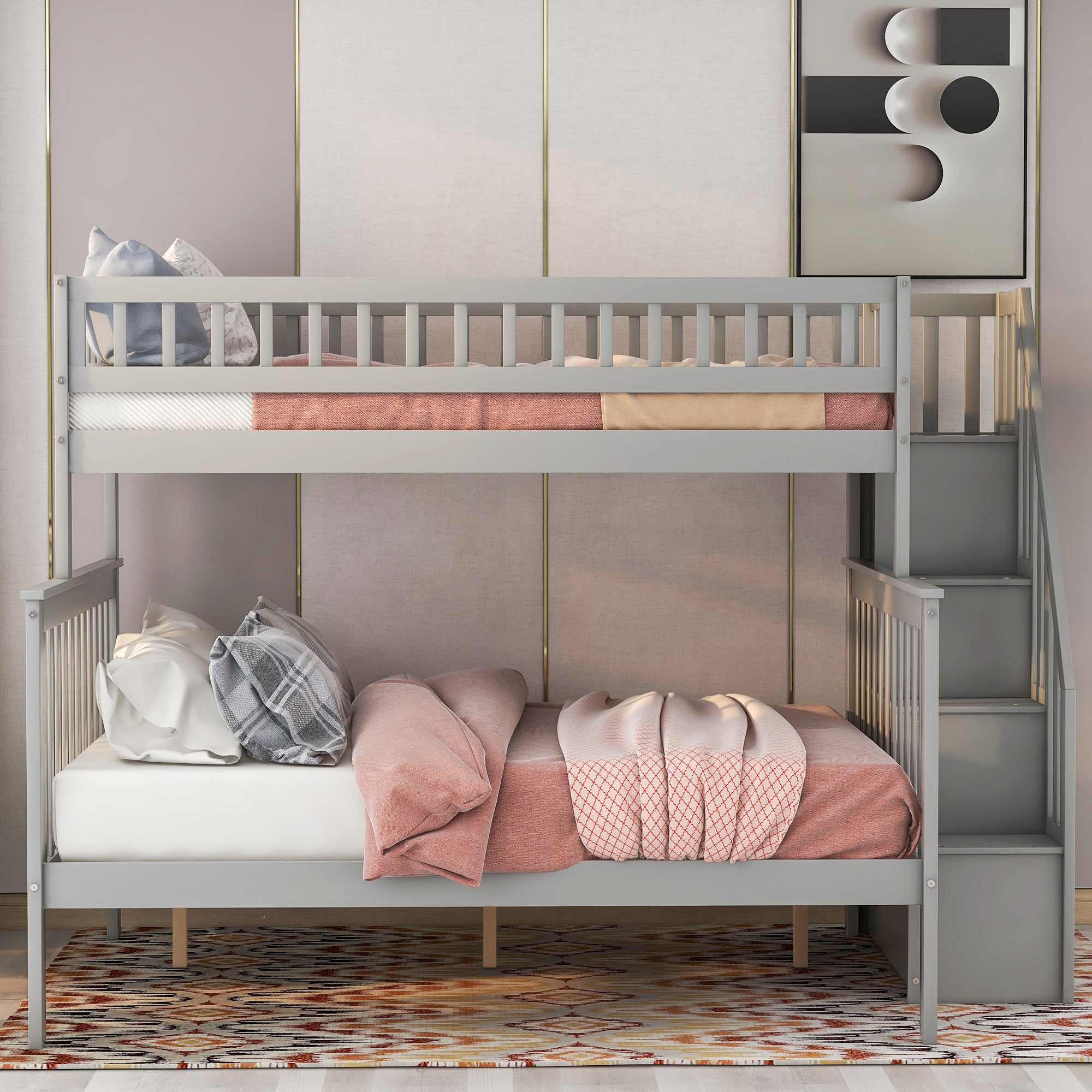 Twin Over Full Stairway Bunk Bed with Storage in Gray, Solid Pine Wood and MDF, 90.8''L x 57.8''W x 65.3''H - Grand Goldman Shop