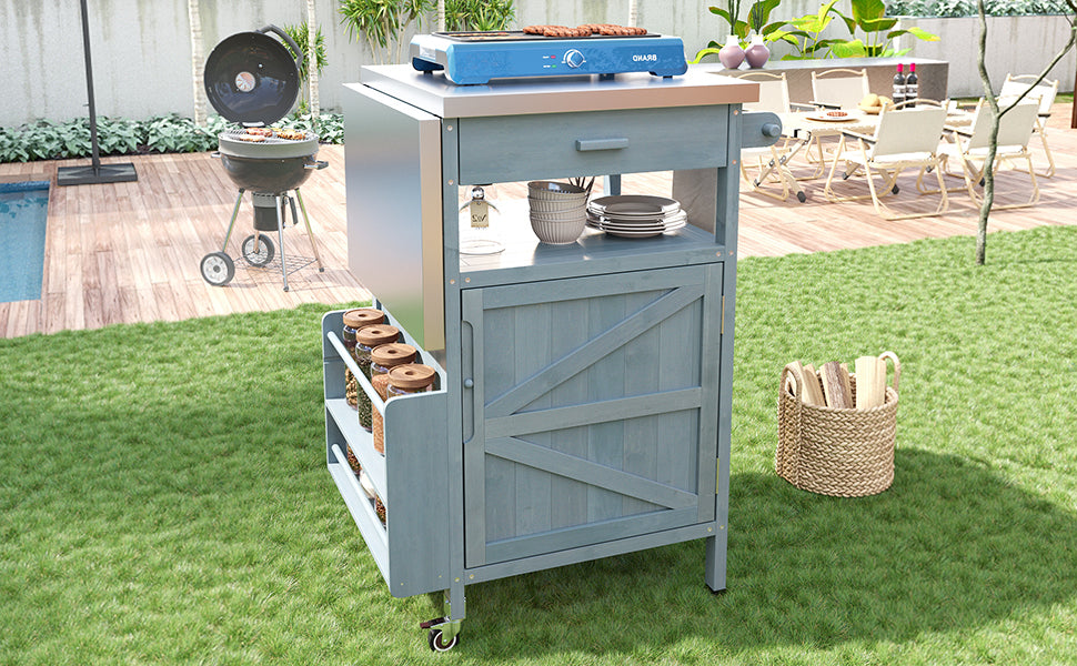 K&K 40.5' Outdoor Grill Cart with Stainless Steel Top, Solid Wood Outdoor Storage Cabinet with Drop Leaf, One Drawer, Towel Rack, Rolling Kitchen Cart with Lockable Wheels for Lawn Garden, Blue Grey - Grand Goldman Shop
