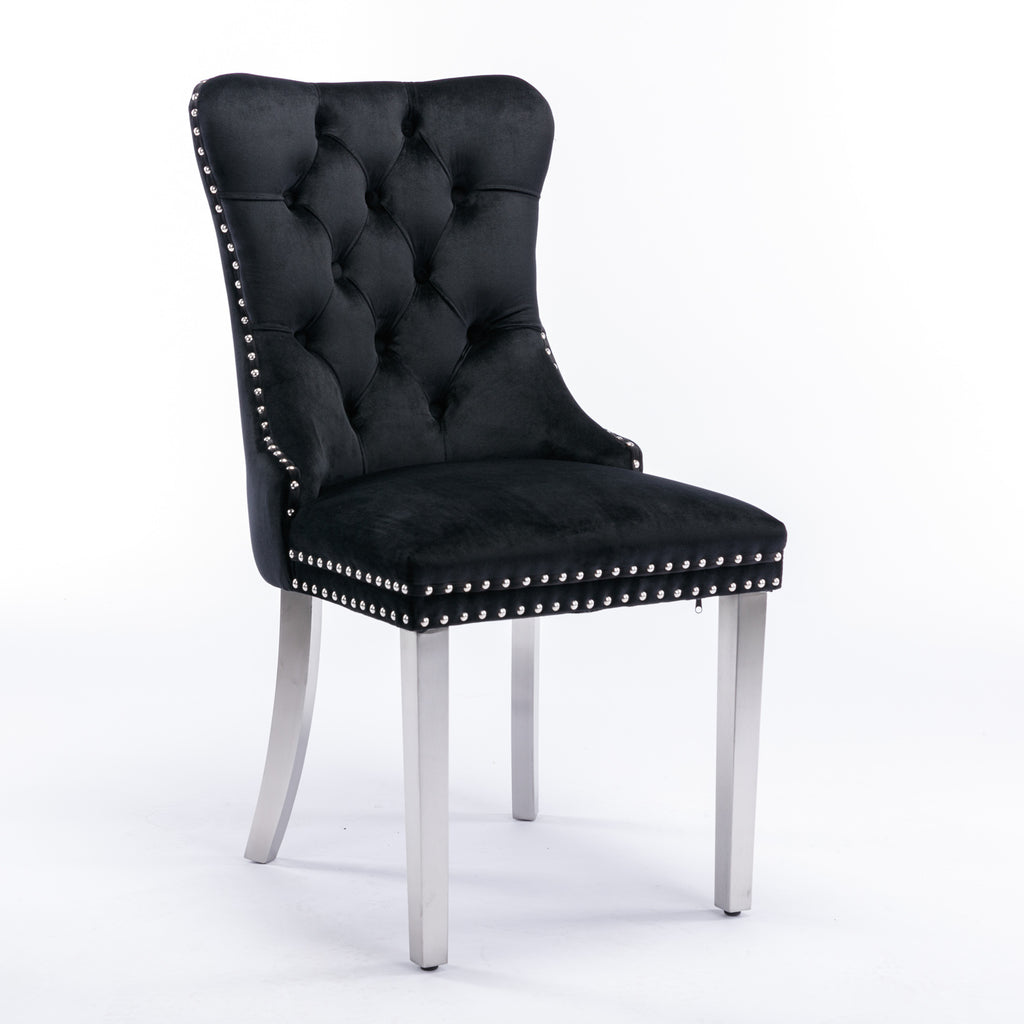 Nikki Collection Modern, High-end Tufted Solid Wood Contemporary Velvet Upholstered Dining Chair with Chrome Stainless Steel Plating Legs,Nailhead Trim,Set of 2,Black and Chrome, SW1701BK - Grand Goldman Shop