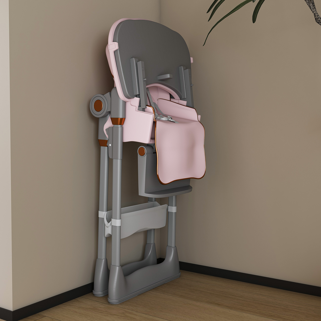 Adjustable Baby High Chair 0-6 Years – Portable Infant Feeding Seat with Safety Belt, Silent Lockable Wheels, Pink - Grand Goldman Shop