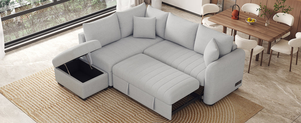 Modern L-shaped Sectional Pull Out Sofa Bed with USB Ports & Storage Ottoman, Gray Jacquard Fabric, 82.6' - Grand Goldman Shop
