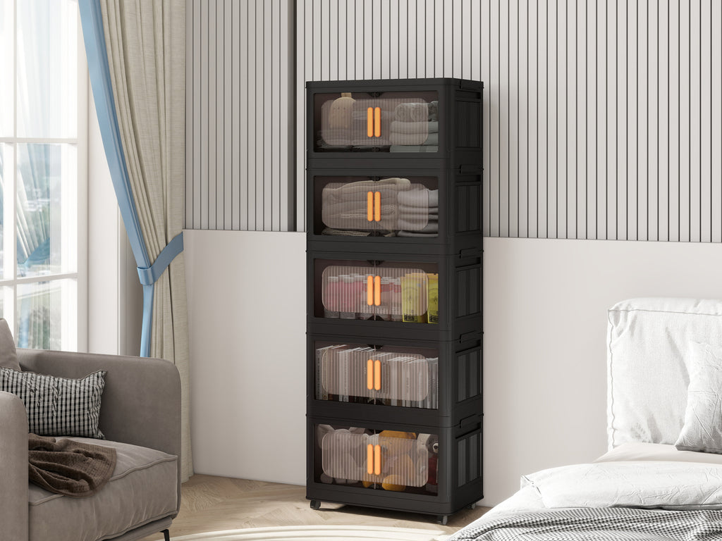 Folding Storage Cabinet 5-Tier 24-Inch Wide Black Plastic with Magnetic Doors and Wheels - Grand Goldman Shop